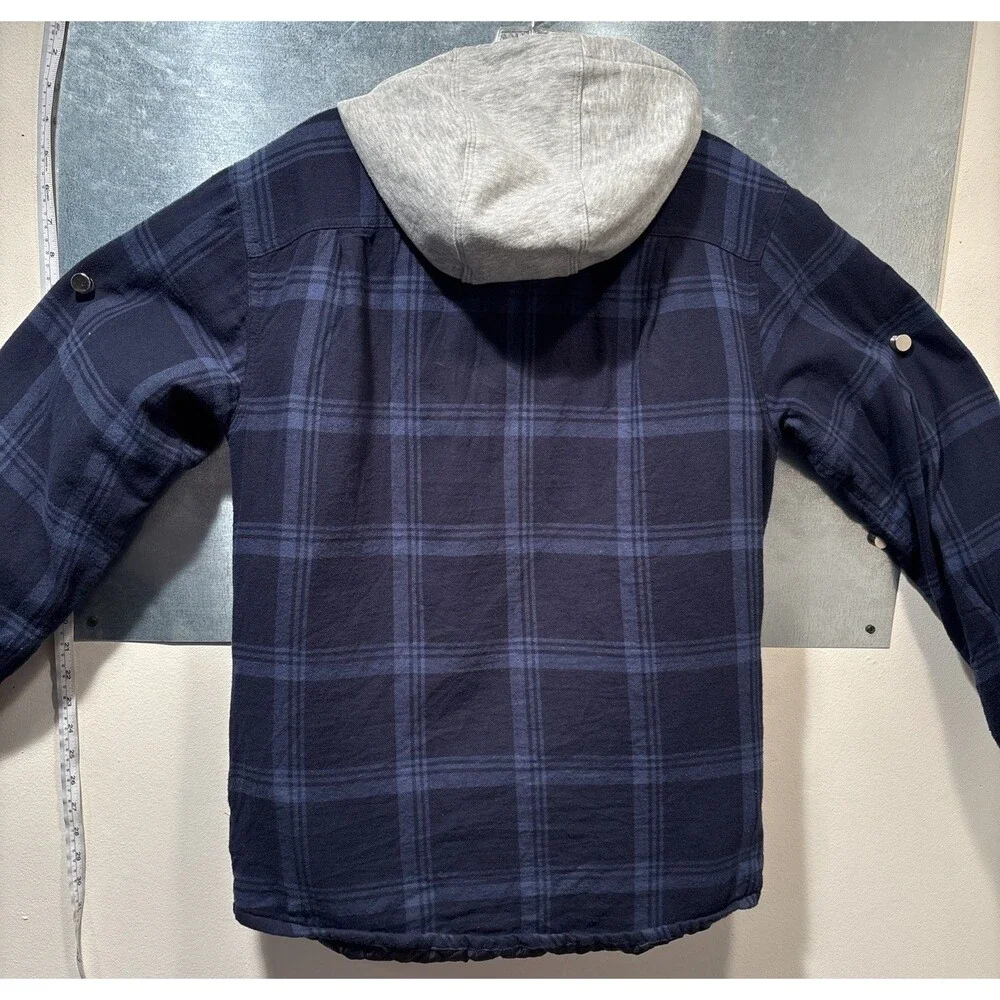 Wrangler Authentics Navy Blue Plaid Quilted Lined Hooded Flannel Chore Jacket S